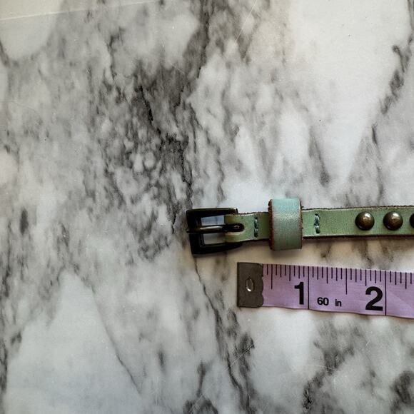 Leather Double Wrap Brass Tone Studded Skinny Belt Turquoise - Picture 4 of 8